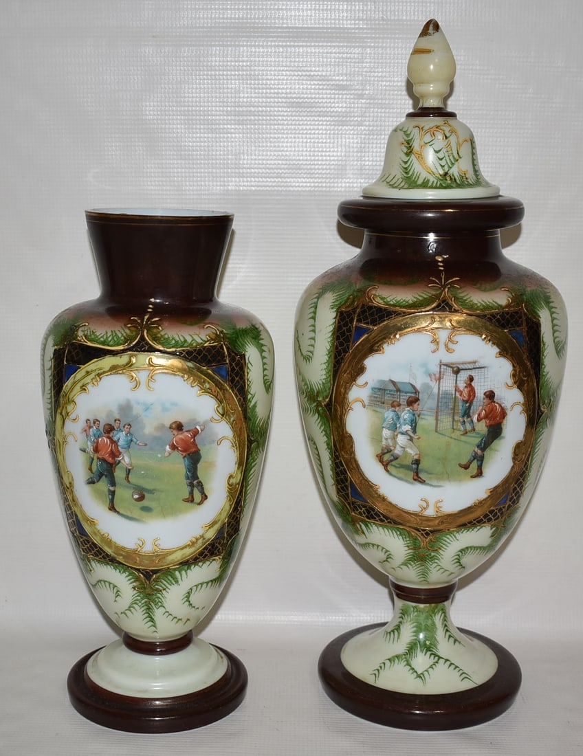 2 RARE VICT. H/P BRISTOL GLASS SOCCER/FOOTBALL TROPHIES: LOT (2) RARE VICTORIAN H/P BRISTOL GLASS SOCCER/FOOTBALL TROPHIES, 19TH C., H. 18"