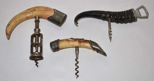 LOT (3) VINTAGE STERLING/BOARS TOOTH & HORN CORK SCREWS