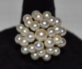 14KT YELLOW GOLD/PEARL CLUSTER RING, C. 1940/50