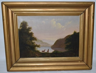 O/C HUDSON RIVER VIEW W/DEER, UNSIGNED, 19TH C.