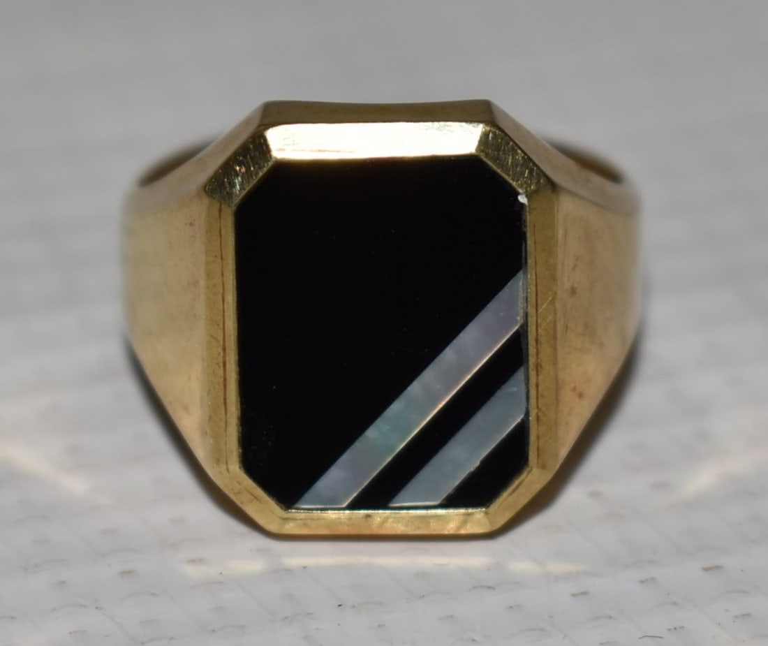 ART DECO 14KT YELLOW GOLD/ONYX RING, C. 1950, SIZE 10 (1 of 5)