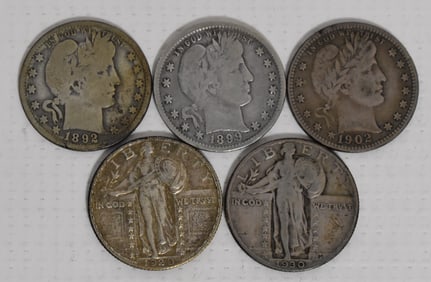(5) ASSORTED BARBER/STANDING LIBERTY SILVER QUARTERS