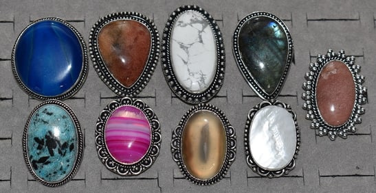 9 SOUTHWEST STYLE GERMAN SILVER/HARDSTONE RINGS, 20TH C