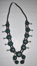 NAVAJO SILVER/LANDER BLUE TURQ. SQUASH BLOSSOM NECKLACE