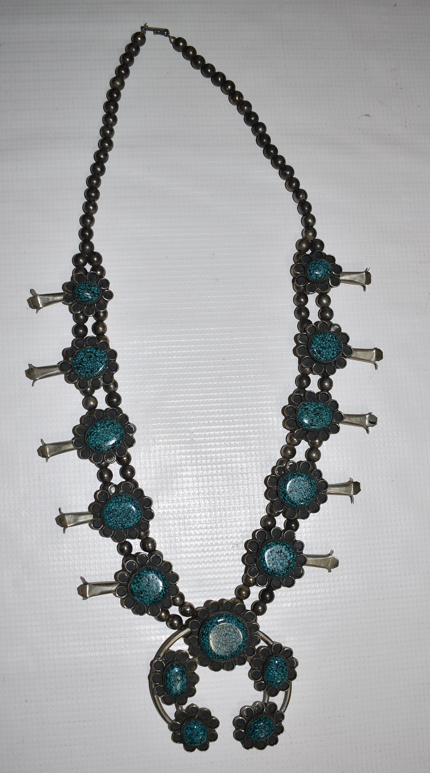 NAVAJO SILVER/LANDER BLUE TURQ. SQUASH BLOSSOM NECKLACE (1 of 10)