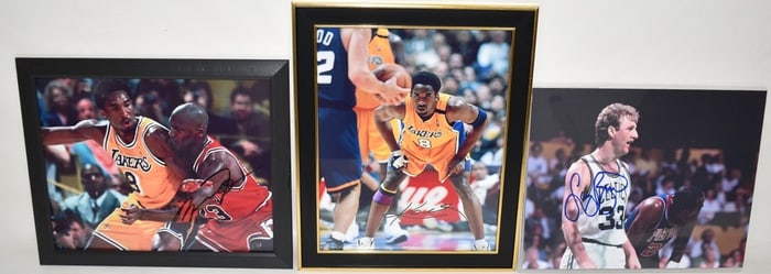 3 AUTOGRAPHED PHOTOS K. BRYANT, JORDAN, L. BIRD W/COA'S