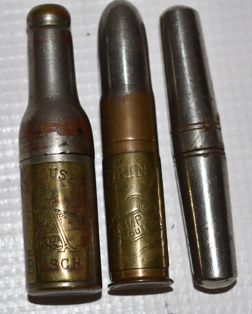 3 VINT. BULLET/BOTTLE CORK SCREWS INCL. ANHEUSER BUSCH: LOT (3) VINTAGE BULLET/BOTTLE CORK SCREWS INCL. ANHEUSER BUSCH ADV., 19TH C., H. TALLEST 3"
