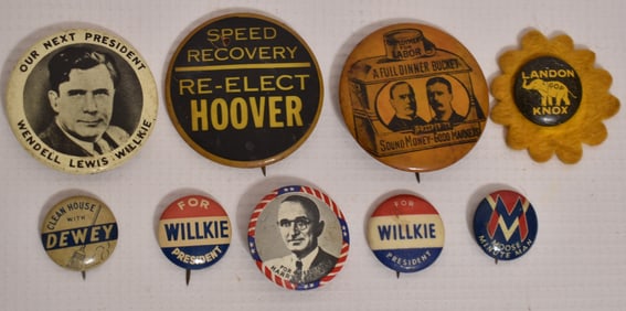ASST. POLITICAL PIN BACKS INCL. ROOSEVELT/WILLKIE, ETC.