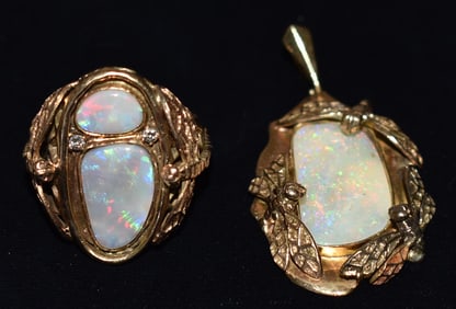 2 ART NOUVEAU 14KT YELLOW GOLD/OPAL RING & PENDANT