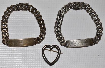 LOT (3) STERLING INCL. (2) ID BRACELETS & HEART PIN