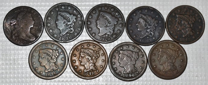 LOT (9) ASSORTED US LARGE CENTS, 1801-1849