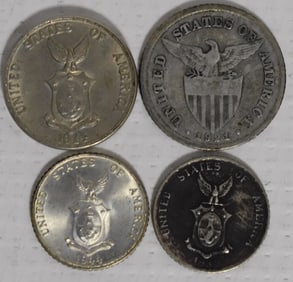 LOT (4) US OCCUPIED PHILIPPINES SILVER COINS, 1921-1944