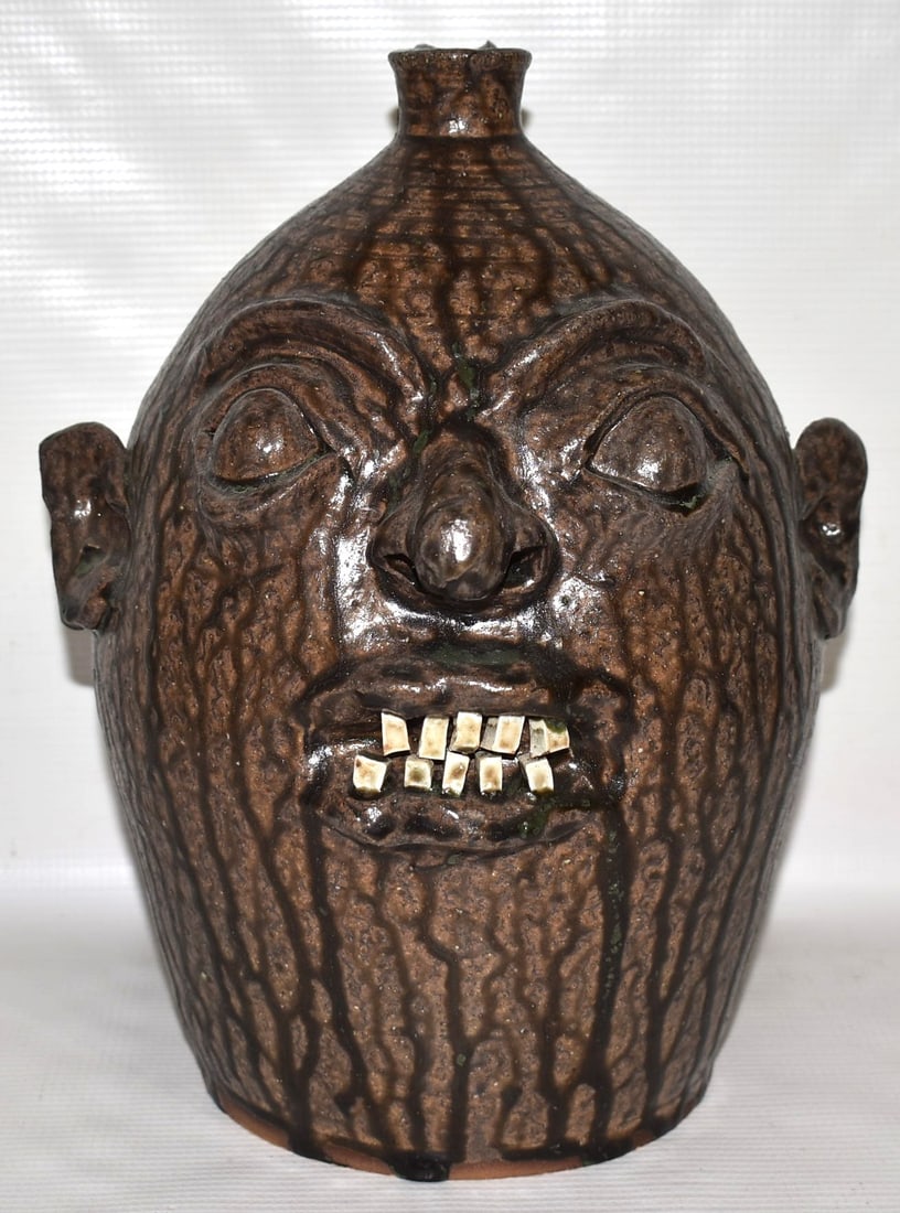 FOLK ART POTTERY FACE JUG SIGNED MARVIN BAILEY, 20TH C. (1 of 6)