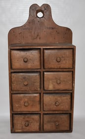 COUNTRY PINE SPICE BOX, 19TH C., H. 15" W. 8" D. 3 1/2"