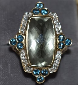 14KT YELLOW GOLD/SMOKY TOPAZ/AQUAMARINE/DIAMOND RING