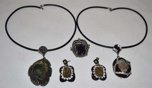 5 STERLING/MINERAL/AMETHYST NECKLACES/RING/EARRINGS