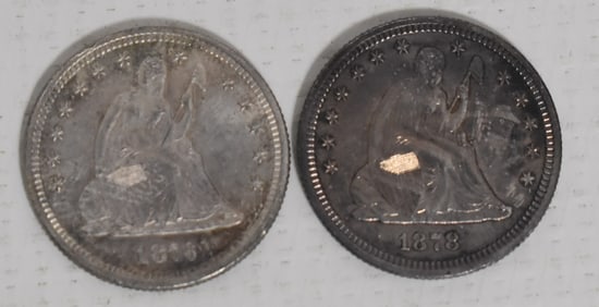 (2) SEATED LIBERTY SILVER QUARTER DOLLARS, 1876, 1878