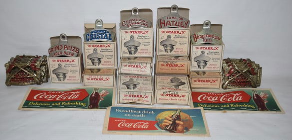 LOT ASST. VINT. BOTTLE CAP OPENERS NOS & BELT BUCKLES