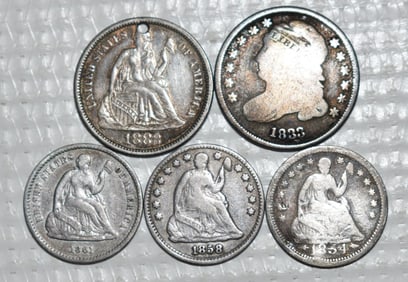 (5) ASSORTED HALF DIMES/DIMES INCL. VARIETY, 1833-1883