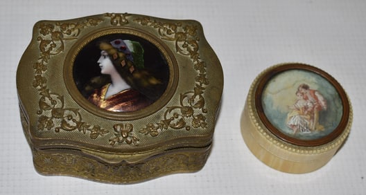 LOT (2) EARLY H/P ENAMELED DRESSER BOXES, 19TH C.
