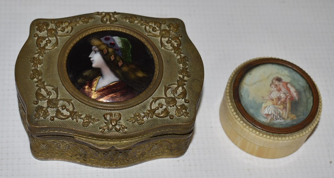 LOT (2) EARLY H/P ENAMELED DRESSER BOXES, 19TH C. (1 of 8)