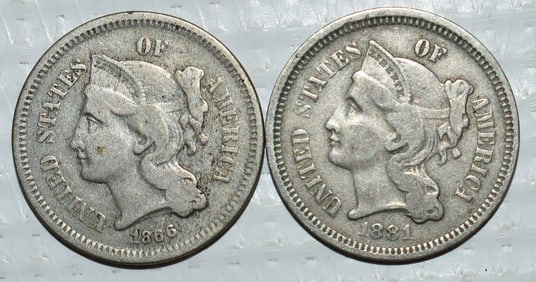LOT (2) THREE CENT NICKELS, 1866, 1881