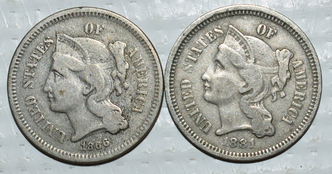 LOT (2) THREE CENT NICKELS, 1866, 1881 (1 of 6)