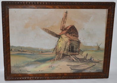 W/C PASTEL DUTCH WINDMILL SIGNED LUCIEN POWELL