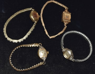 4 ASST. VINTAGE 14KT LADIES WRIST WATCHES, C. 1940/50