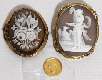 3 INCL. CLASSICAL 14KT YW GOLD CAMEO, FLORAL CAMEO, ETC