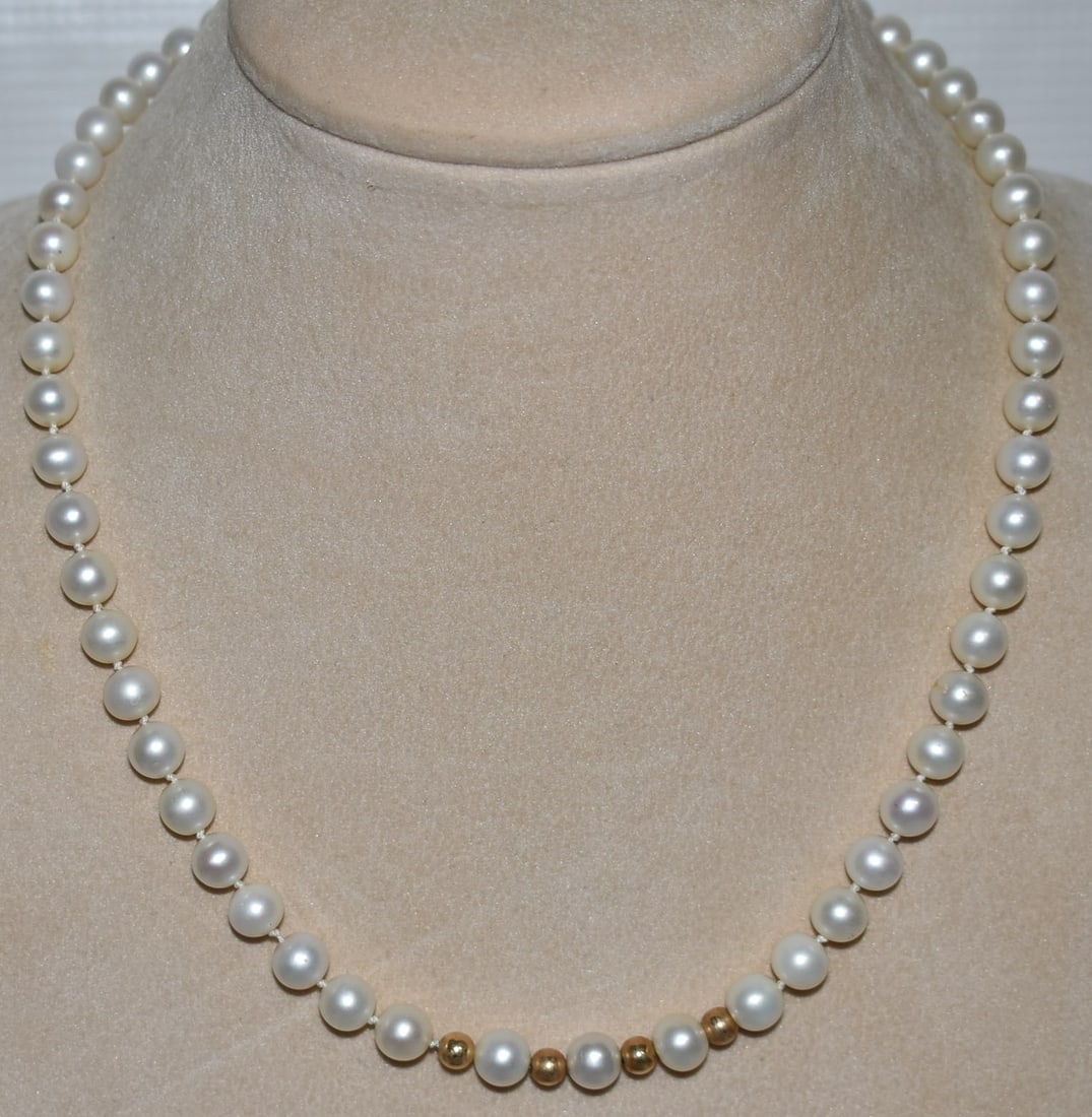 ART DECO 14KT YELLOW GOLD/PEARL NECKLACE, C. 1960: ART DECO 14KT YELLOW GOLD/PEARL NECKLACE, C. 1960, L. 18"