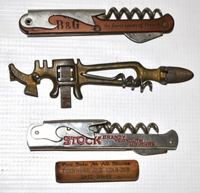 LOT (3) FOLDING/ADVERTISING CORK SCREW/BOTTLE OPENERS