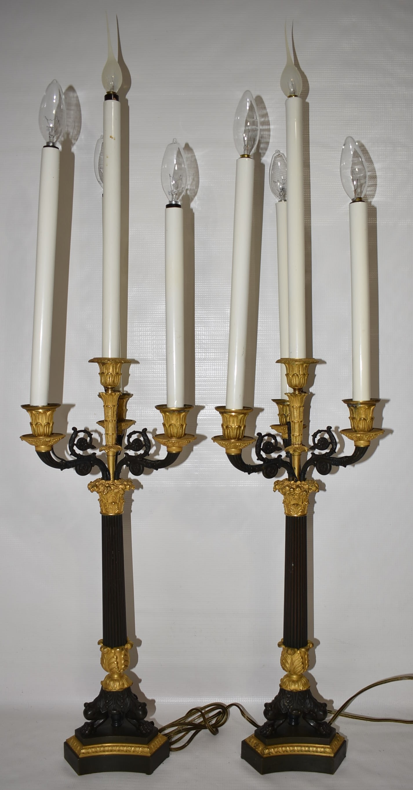 PAIR FRENCH EMPIRE LOUIS XVI CANDELABRA (ELECTRIFIED): PAIR FRENCH EMPIRE LOUIS XVI CANDELABRA (ELECTRIFIED) 19TH C., H. 20 1/2", OVERALL 33 1/2"