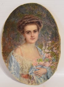 W/C PORTRAIT MINIATURE WOMAN W/FLOWERS SIGNED ILLEGIBLE