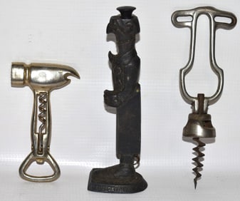 3 VINTAGE INCL ART DECO FIGURAL WINE BOTTLE CORK SCREWS