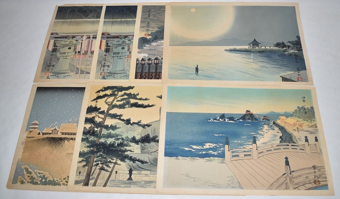 LOT (7) JAPANESE WOODBLOCK PRINTS, VIEWS OF JAPAN: LOT (7) JAPANESE WOODBLOCK PRINTS, VIEWS OF JAPAN AFTER T. TOKURIKI, UCHIDA PRINTS, 20TH C., 11" X 16"