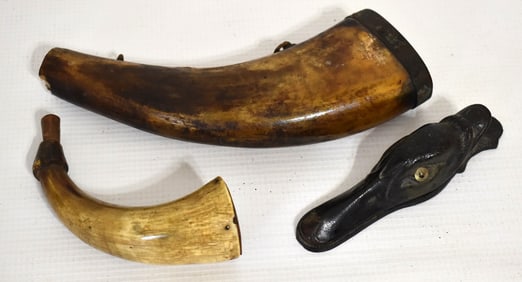 LOT (3) IRON DUCK BILL HOLDER, (2) PISTOL POWDER HORNS