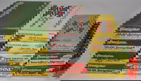 LOT ASSORTED VINTAGE 30-06, 7MM MAG CLEAN BRASS W/BOXES