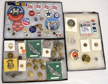LOT (3) TRAYS MILITARY & POLITICAL BUTTONS/PIN BACKS
