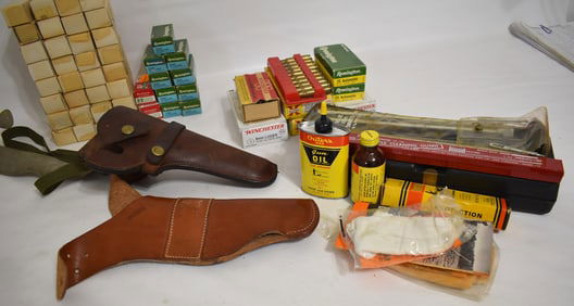 LOT ASST. MILITARY INCL. HOLSTERS, 22 CAL./25 AUTO, ETC