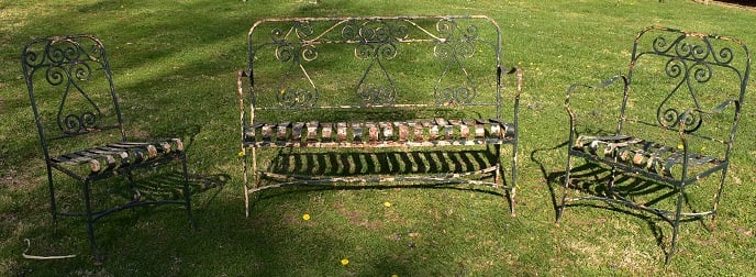 SET (3) ART DECO STRAP STEEL PATIO SET, C. 1920