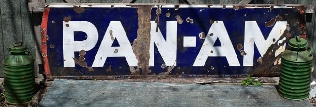 LOT (3) PAN-AM PORCELAIN GASOLINE SIGN & 2 FUEL CANS (1 of 10)