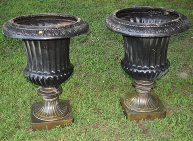 PAIR COMPOSITION FIBER URN PLANTERS, 20TH C., H. 29"