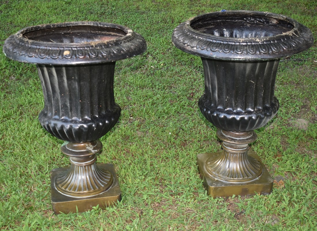 PAIR COMPOSITION FIBER URN PLANTERS, 20TH C., H. 29" (1 of 5)