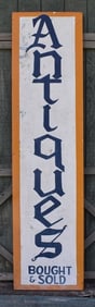 HUGE "ANTIQUES" PAINTED TIN/WOOD SIGN, C. 1960'S