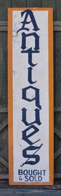 HUGE "ANTIQUES" PAINTED TIN/WOOD SIGN, C. 1960'S (1 of 4)