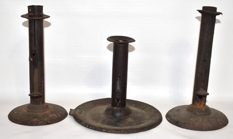 3 EARLY AMERICAN IRON HOGSCRAPER CANDLESTICKS,, 19TH C.