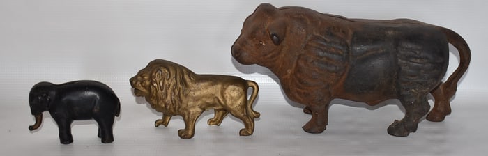 LOT (3) VINTAGE CAST IRON ANIMAL PENNY BANKS, 20TH C.