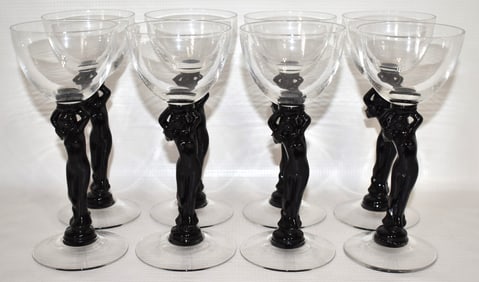SET (8) ART DECO NUDE CORDIALS/WINE GLASSES, C. 1920/30