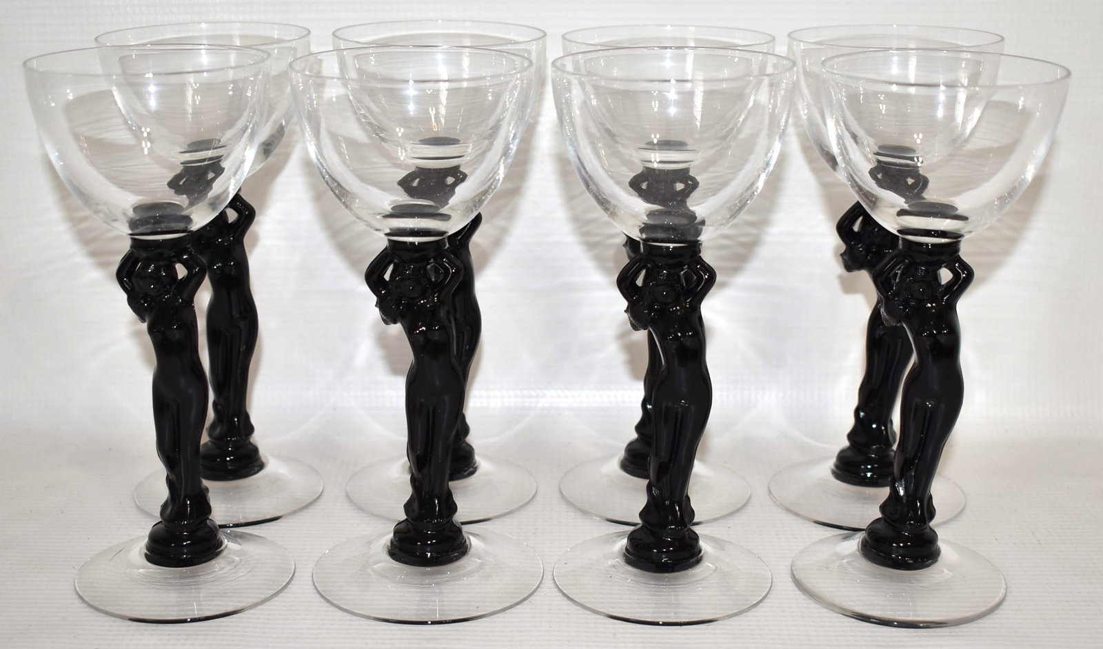 SET (8) ART DECO NUDE CORDIALS/WINE GLASSES, C. 1920/30: SET (8) ART DECO NUDE CORDIALS/WINE GLASSES, C. 1920/30, H. 6 1/2"